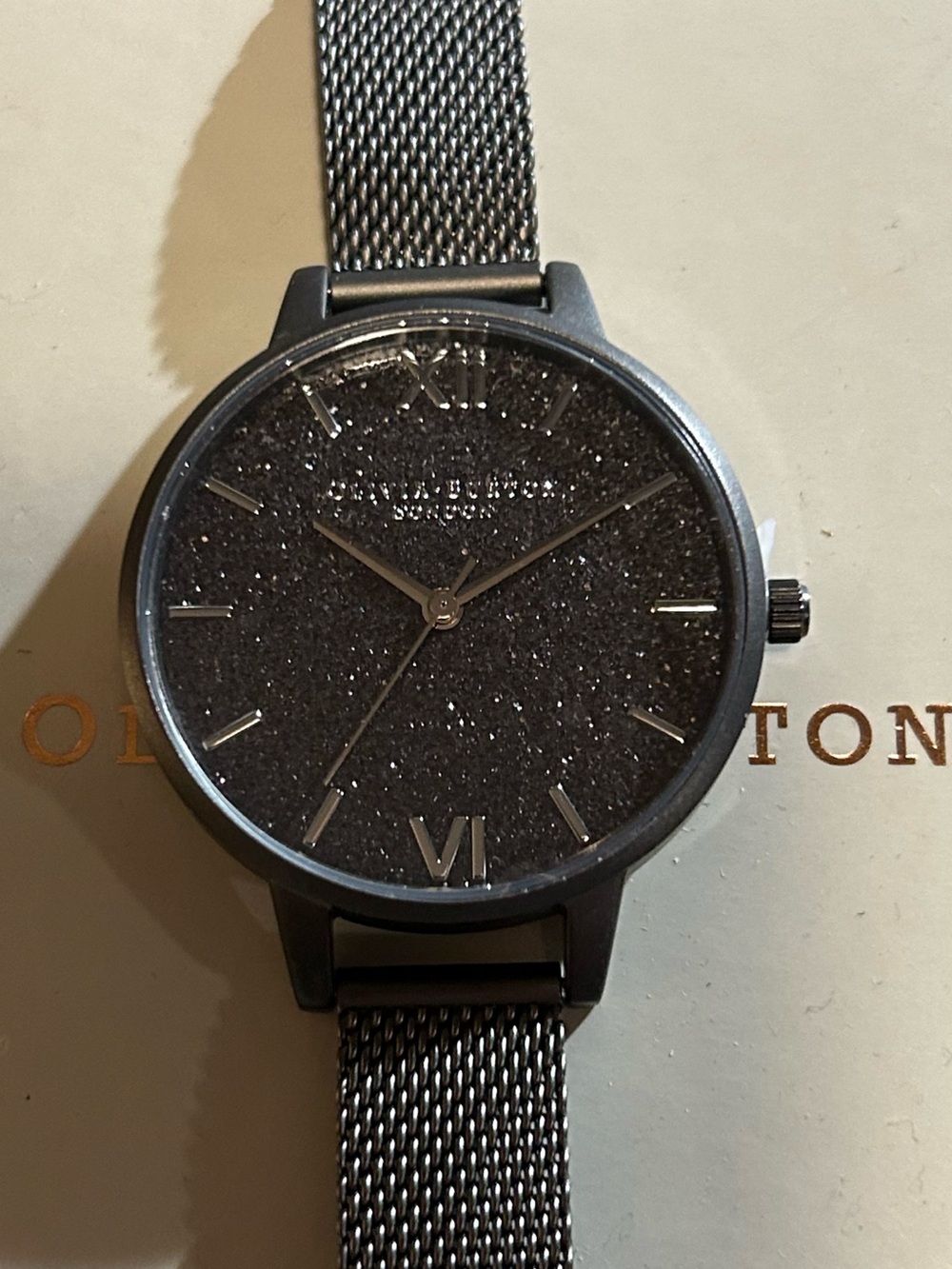 OLIVIA BURTON GUNMETAL GLITTER WATCH WITH 34mm SPARKLIE FACE & MESH BRACELET